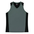 A grey singlet with black side panels and a v-neck design, featuring a logo on the inside label.