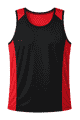 A black singlet with red accents, featuring a logo on the front. Designed for men.