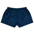 Navy blue rugby shorts with an elastic waistband and a smooth fabric finish, featuring a logo on the waistband.