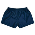 Navy blue sports shorts with an elastic waistband and a smooth finish. Features a logo on the design.