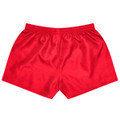 Red rugby kids shorts with an elastic waistband, featuring a logo on the side.
