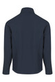 A soft shell jacket in navy blue with a collar and long sleeves, featuring a logo on the back.