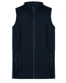 A navy blue children's vest featuring a high collar and zippered front pockets, with a logo on the chest.