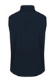 A dark navy work vest with a high collar and no sleeves, featuring branding on the back.