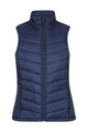 A navy blue quilted vest with a high collar and two zippered pockets, featuring a logo.