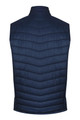 A navy blue men's vest with a quilted design, featuring a high collar and no sleeves. It includes a logo.