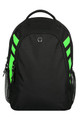 A black backpack with vibrant green stripes, featuring a logo and side mesh pockets.