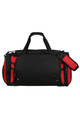 A black and red duffle bag with a shoulder strap and multiple zippers, featuring a logo.