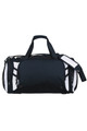 A black and white duffle bag with a shoulder strap, side mesh pockets, and front zip closure, featuring a logo.