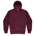 A maroon kids' hoodie featuring a front pocket and a large hood. The hoodie includes a logo on the inside label.
