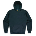 A dark green hoodie featuring a front pocket and a lined hood, with a logo on the interior label.