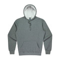 A grey hoodie with a white interior lining and a front pocket. It features a logo on the chest area.