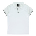 A white polo shirt with black trim and a collar, featuring a logo.