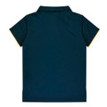 A dark green polo shirt with a collared neck and contrasting yellow trim on the sleeves. Features a logo.