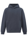 A unisex premium fleece oversized hoodie in a navy blue shade, featuring a hood and a front pocket.