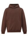 A brown unisex oversized hoodie with a front pocket and a relaxed fit, featuring a hood.