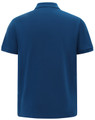 A navy blue men's classic cotton/poly pique short-sleeve polo shirt with a logo on the back.