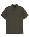 A men's short-sleeve polo in olive green, featuring a classic collar and a logo.