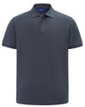 A men's short-sleeve polo in dark grey, made from cotton/poly pique fabric, featuring a branded logo.