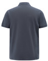 A navy blue men's short-sleeve polo shirt with a classic pique texture and a logo on the back.