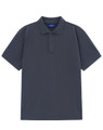A men's short-sleeve polo in dark navy cotton/poly pique fabric, featuring a collar and three buttons.
