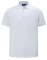 A white classic cotton/poly pique short-sleeve polo shirt with a collar and a logo.