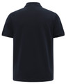 A navy blue short-sleeved polo shirt with a flat collar and a logo displayed.