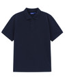 A navy blue men's classic cotton/poly pique short sleeve polo shirt with a collar and buttons.