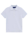 A white ladies' classic cotton/poly pique short sleeve polo with a collar and buttons, featuring a logo.