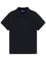 A navy polo shirt with a classic collar and short sleeves, featuring a button placket and a logo.