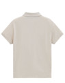 A light beige ladies' short-sleeve polo shirt with a collar, featuring a logo on the back.