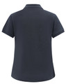 A navy short-sleeve polo shirt made from cotton and polyester, featuring a collar and a logo on the back.