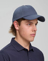 A cotton twill unstructured cap in navy blue, featuring a rounded peak and a logo on the front.