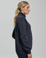 A side view of a dark navy unisex premium fleece half zip work sweat, featuring a high collar and pockets.