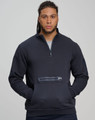 A unisex premium fleece half zip sweatshirt in navy, featuring a front pocket and a logo.