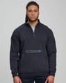 A unisex premium fleece half zip work sweat in navy blue, featuring a zip pocket and a logo on the sleeve.