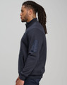 A navy unisex premium fleece half zip work sweat with a logo and a side view of a model wearing it.