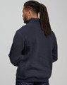 A dark navy unisex fleece half zip sweatshirt with a back view, featuring a logo on the sleeve.