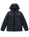 A black, lightweight hooded puffer jacket with a zip front and quilted design. It features a logo on the garment.