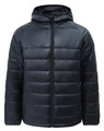 A lightweight hooded puffer jacket in navy blue with a zip front and a logo on the sleeve.