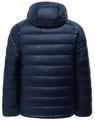 A dark navy lightweight hooded puffer jacket with a quilted design and a hood. It features a logo on the back.