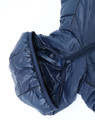 A navy blue hooded puffer jacket with a zip, showcasing its lightweight and sustainable design. Features a logo.