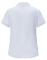 A white ladies ultrafine cotton pique polo shirt with short sleeves and a collar. Features a branding logo.