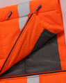 A bright orange hi-vis hooded puffer vest with grey lining and reflective strips. Features a zippered pocket.