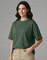 A unisex oversized tee in dark green, featuring a relaxed fit and a simple design. It has a logo.