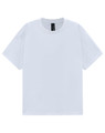 A white unisex heavy cotton oversized tee featuring a round neckline and short sleeves. Includes a brand label.