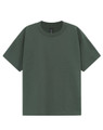 A green unisex heavy cotton oversized tee with a relaxed fit and round neckline. It features a logo on the label.