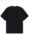 A black unisex heavy cotton oversized tee with short sleeves and a plain back. Features a logo.