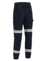 Navy blue cuffed work pants with reflective tape and pockets, featuring an elastic waistband and drawstring.