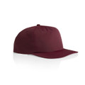 A burgundy cap with a flat brim and a round crown, featuring a logo on the side.